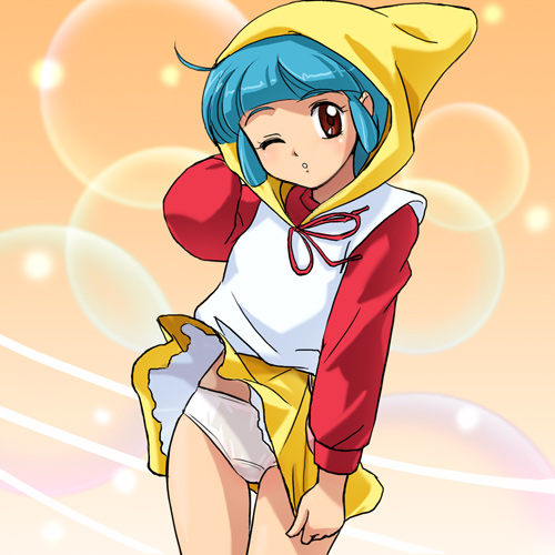 haruyama kazunori, morisawa yuu, mahou no tenshi creamy mami, 1980s (style), lowres, 1girl, blue hair, brown eyes, clothes lift, female focus, hip focus, hood, hoodie, loli, magical girl, miniskirt, oldschool, one eye closed, panties, pantyshot, red eyes, retro artstyle, short hair, skirt, skirt lift, skirt tug, solo, standing, sweater, thigh gap, thighs, underwear, white panties, wince, wind, wind lift, wink