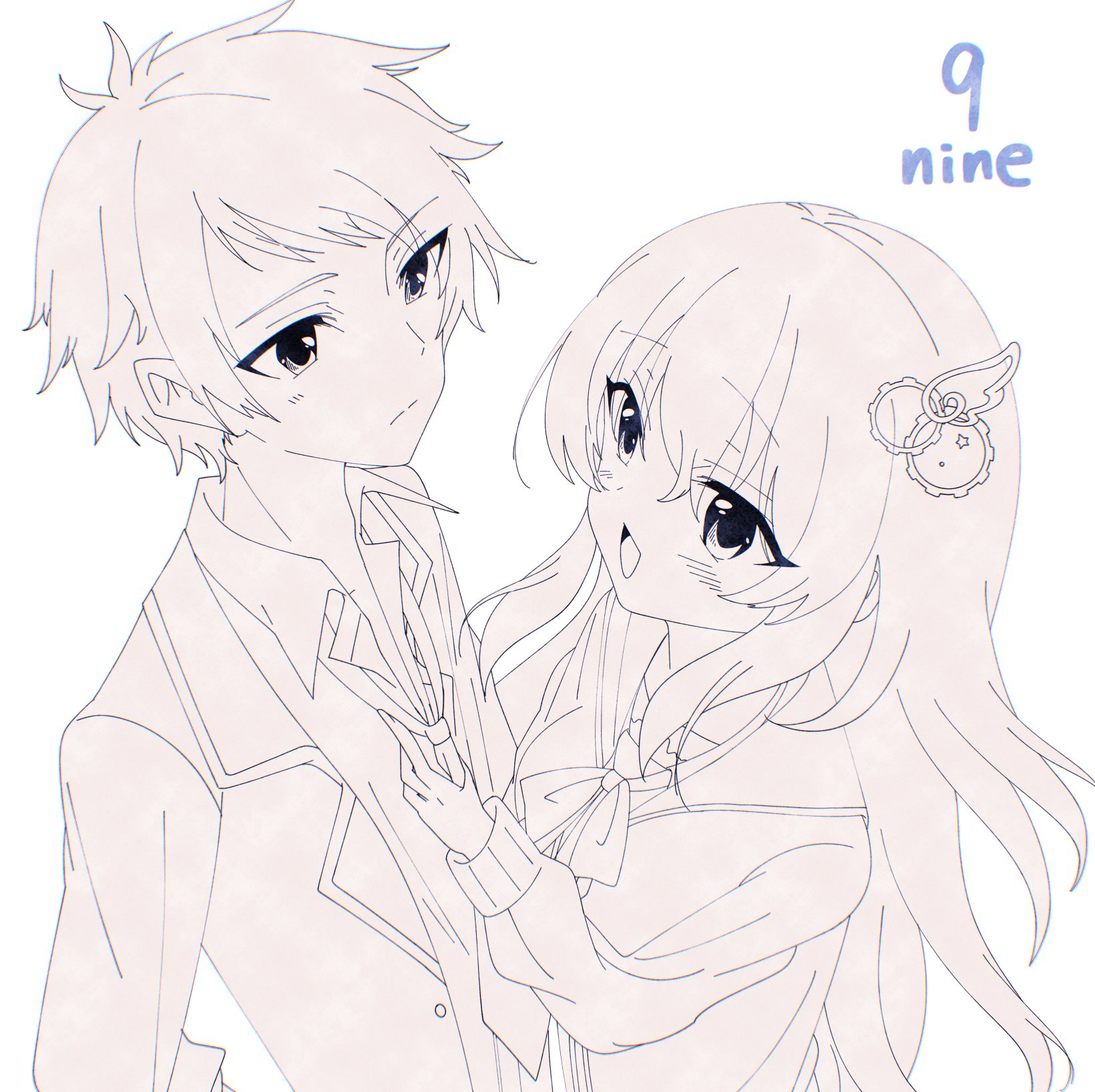 minami773, kujou miyako, niimi kakeru, 9-nine-, commentary request, highres, 1boy, 1girl, :/, :d, adjusting clothes, adjusting necktie, blush, bow, bowtie, cardigan, closed mouth, collared shirt, copyright name, eyes visible through hair, frown, gear hair ornament, greyscale, hair between eyes, hair ornament, hakusen academy school uniform, jacket, long hair, looking at another, monochrome, necktie, open cardigan, open clothes, open jacket, open mouth, school uniform, shirt, short hair, simple background, smile, spiked hair, split mouth, star (symbol), star print, tsurime, upper body, white background, wing hair ornament