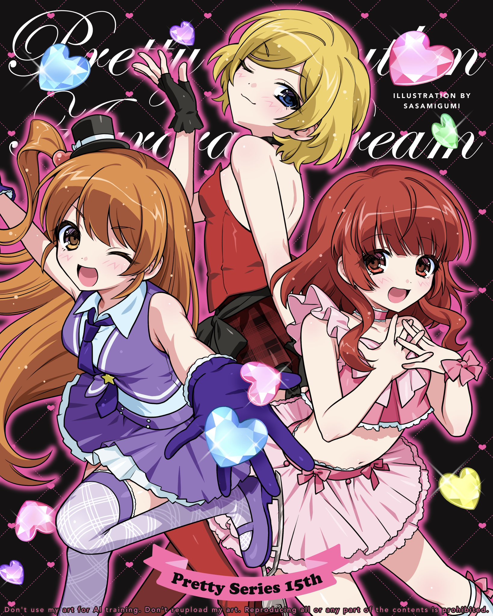 sasamigumi, amamiya rizumu, harune aira, takamine mion, pretty rhythm, pretty rhythm aurora dream, pretty series, highres, 3girls, :d, ;d, anniversary, bare shoulders, black background, black gloves, black hat, blonde hair, brown eyes, collared shirt, copyright name, crop top, fingerless gloves, gloves, hands up, hat, heart, ice skates, idol clothes, layered skirt, long hair, looking at viewer, looking back, mini hat, mini top hat, miniskirt, multiple girls, navel, necktie, one eye closed, open mouth, orange hair, outline, outstretched arm, pink outline, pink skirt, pleated skirt, prism stone, purple gloves, purple necktie, purple shirt, purple shoes, purple skirt, purple thighhighs, red eyes, red hair, red shirt, red skirt, shirt, shoes, short hair, skates, skirt, smile, standing, standing on one leg, thighhighs, top hat