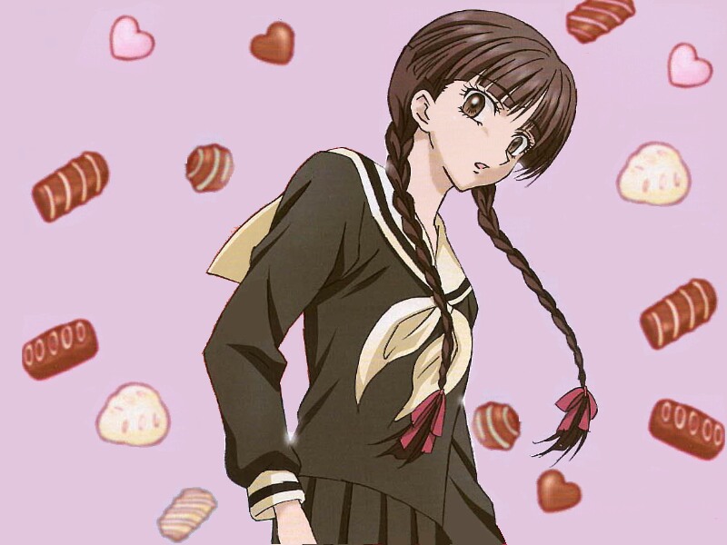 shimazu yoshino, maria-sama ga miteru, 00s, 1girl, braid, brown eyes, brown hair, candy, chocolate, female focus, food, hair over shoulder, heart, long hair, open mouth, school uniform, serafuku, solo, surprised, twin braids