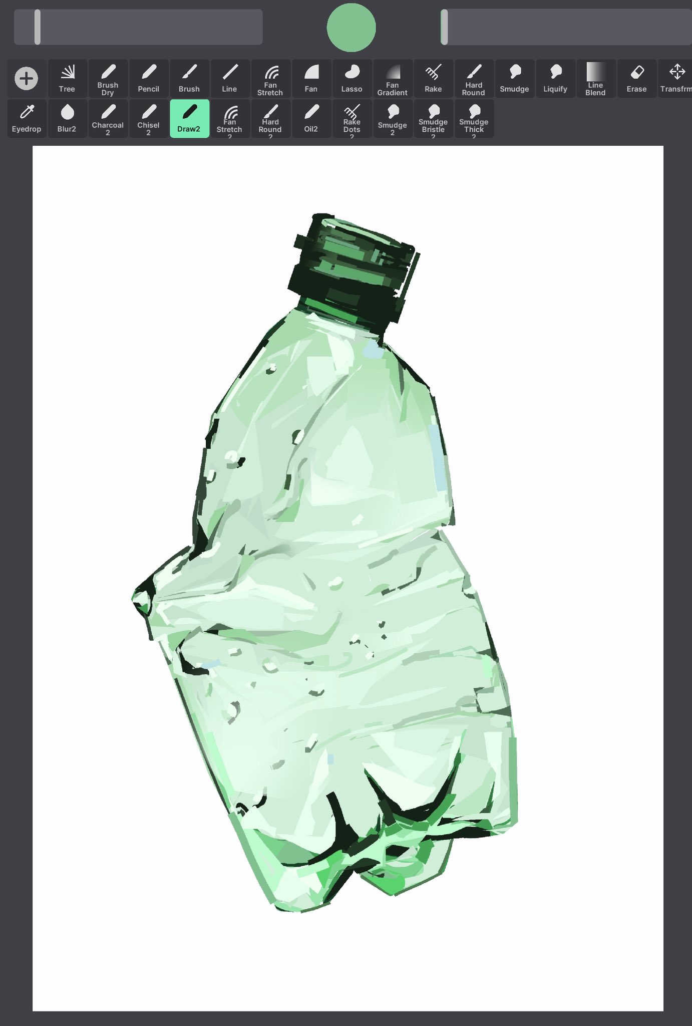 junbuug, original, screencap, commentary, english commentary, highres, art program in frame, bottle, no humans, object focus, painterly, plastic bottle, simple background, still life, trash, water drop, white background