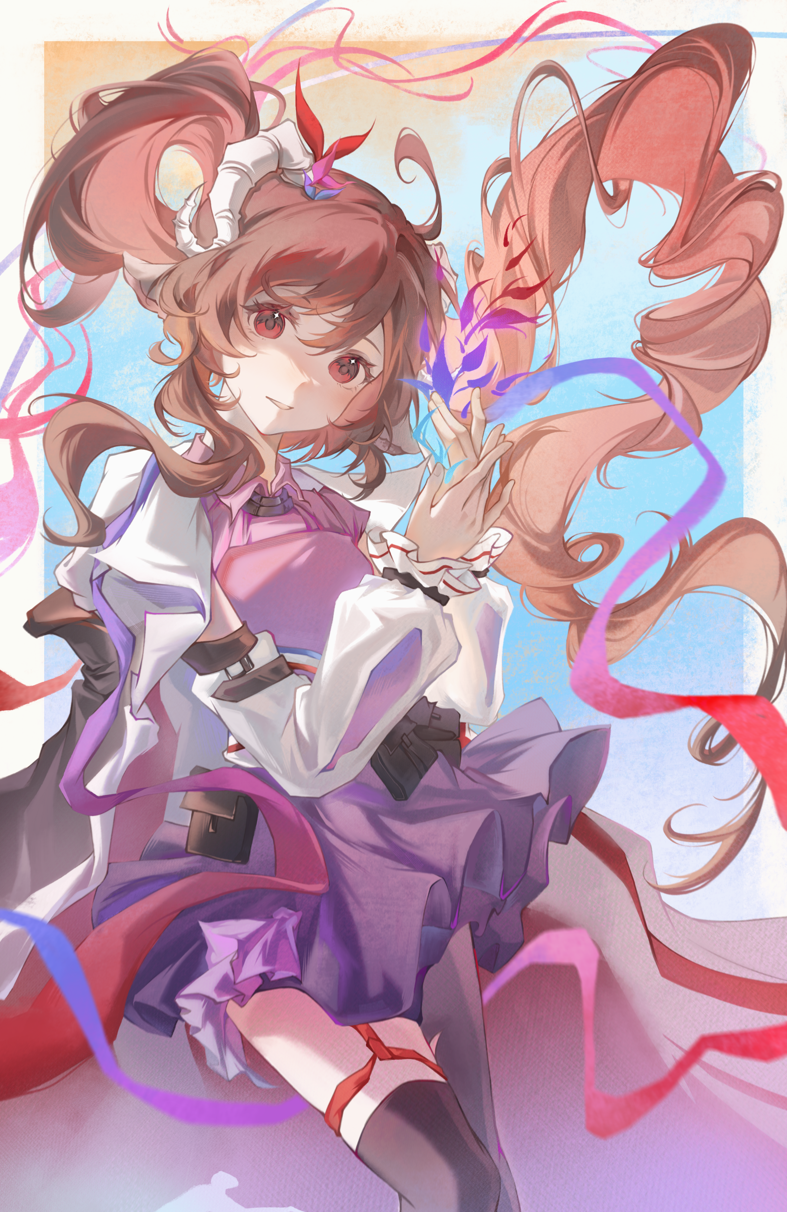 eyjafjalla (arknights), eyjafjalla the hvit aska (arknights), arknights, absurdres, chinese commentary, commentary request, highres, 1girl, ahoge, asymmetrical legwear, black pantyhose, black thighhighs, brown hair, collared dress, cowboy shot, curled horns, dress, fingernails, floating hair, horns, long hair, long sleeves, looking at viewer, magic, mo mo (g3579515), own hands together, pantyhose, pouch, purple dress, red eyes, sheep girl, sheep horns, short dress, single leg pantyhose, single thighhigh, smile, solo, standing, thighhighs, twintails, uneven legwear, white horns