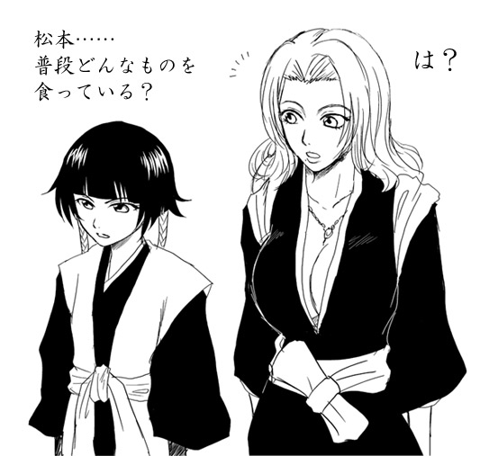 matsumoto rangiku, sui-feng, bleach, translated, 00s, 2girls, breast envy, breasts, cleavage, greyscale, haori, japanese clothes, large breasts, long hair, monochrome, multiple girls, short hair with long locks, taichou haori, twintails