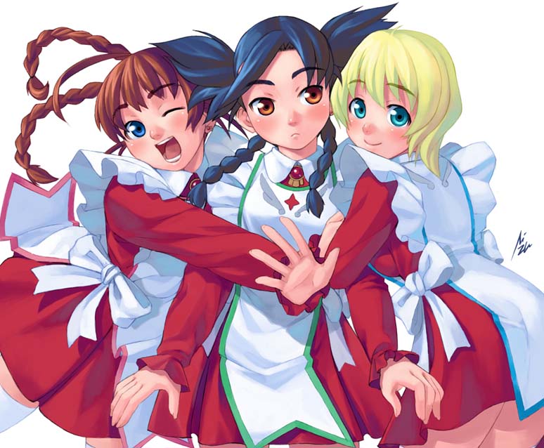 mizuki gyokuran, arika yumemiya, erstin ho, nina wang, my-otome, 00s, 3girls, aqua eyes, arm hug, blonde hair, blue eyes, blush, braid, brown hair, garderobe uniform, long sleeves, looking back, multiple girls, orange eyes, short hair, signature, thighhighs, twin braids, twintails