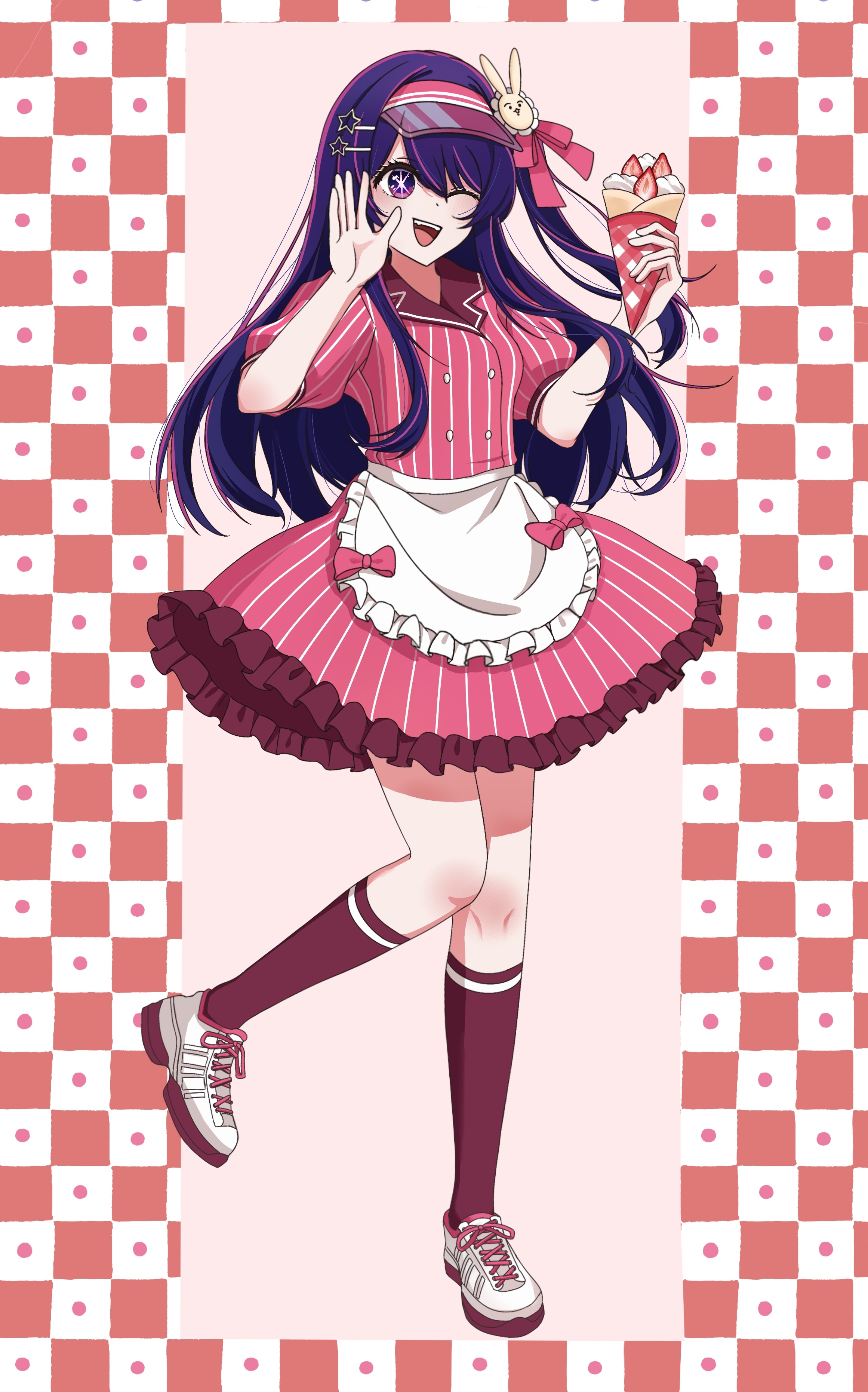 hoshino ai, oshi no ko, absurdres, highres, 1girl, ;d, alternate costume, apron, blue hair, bow, crepe, dress, food, frills, fruit, full body, hair bow, hair ornament, hairclip, holding, kneehighs, long hair, looking at viewer, multicolored hair, one eye closed, open mouth, parfait, pink bow, pink hair, purple eyes, purple hair, rabbit hair ornament, red background, shirt, shoes, short sleeves, skirt, smile, socks, solo, standing, standing on one leg, star-shaped pupils, star (symbol), star hair ornament, star in eye, strawberry, strawberry parfait, streaked hair, striped clothes, striped dress, symbol-shaped pupils, symbol in eye, visor cap, white apron, wucha5x