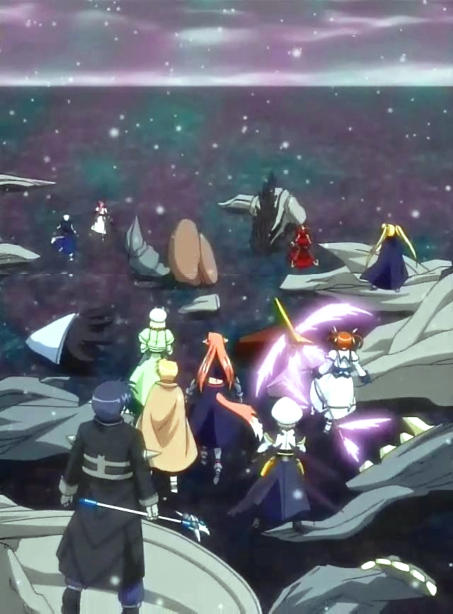 arf, chrono harlaown, durandal (nanoha), fate testarossa, raising heart, shamal, signum, takamachi nanoha, vita (nanoha), yagami hayate, yuuno scrya, zafira, lyrical nanoha, mahou shoujo lyrical nanoha, mahou shoujo lyrical nanoha a's, winged footwear, anime screenshot, 00s, 1boy, 6+girls, animal ears, back, black hair, blonde hair, braid, cape, episode12, familiar, floating, fox ears, fox tail, hat, long hair, magical boy, magical girl, multiple girls, ocean, polearm, ponytail, red hair, shoes, snow, staff, tail, twin braids, twintails, very long hair, weapon, wings, wreckage
