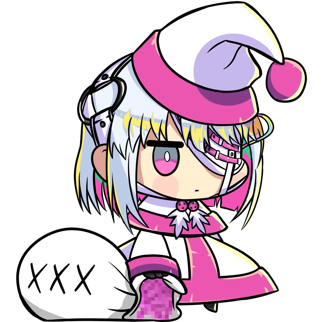 kouto matai, porno (dohna dohna), dohna dohna issho ni warui koto o shiyou, 1girl, capelet, censored, chibi, closed mouth, colored inner hair, dress, fake censor, full body, gag, hat, meme, mosaic censoring, multicolored hair, padoru (meme), pink eyes, santa hat, short hair, simple background, solo, white background, white bag, white capelet, white dress, white hat, wiffle gag