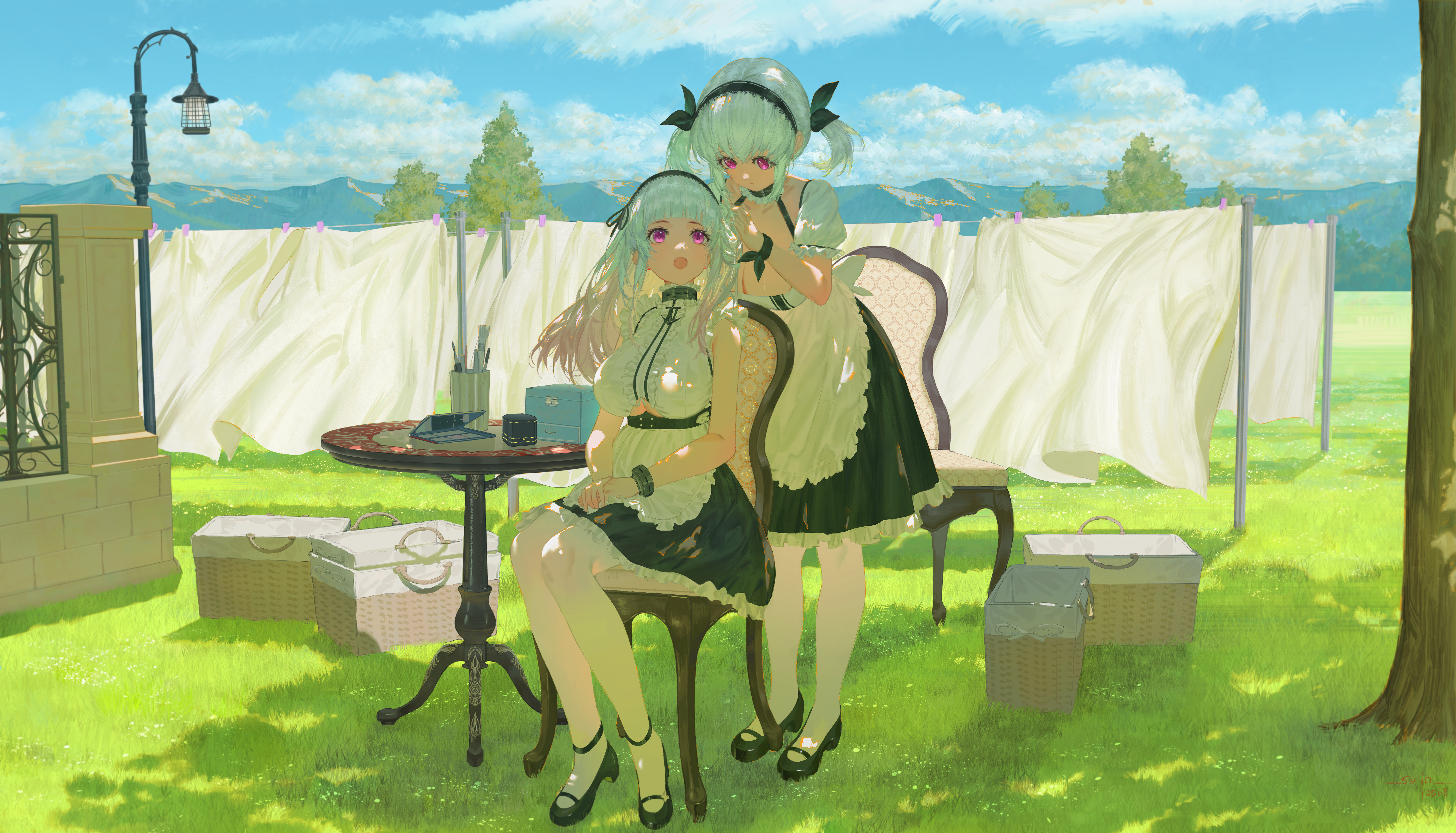 ame (2453323719), dido (azur lane), sirius (azur lane), azur lane, absurdres, highres, 2girls, alternate hairstyle, apron, black hairband, black shoes, breasts, chair, cleavage, closed mouth, dress, hairband, large breasts, long hair, looking at another, maid, maid apron, mary janes, multiple girls, on chair, open mouth, outdoors, pantyhose, shoes, short hair, short sleeves, sitting, sleeveless, standing, two side up, white apron, white pantyhose