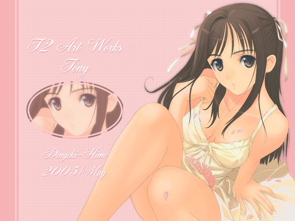 tony taka, dengeki hime, original, 1girl, arm support, black hair, breasts, brown eyes, cleavage, dress, female focus, hair ribbon, long hair, no bra, petals, ribbon, sitting, solo, zoom layer