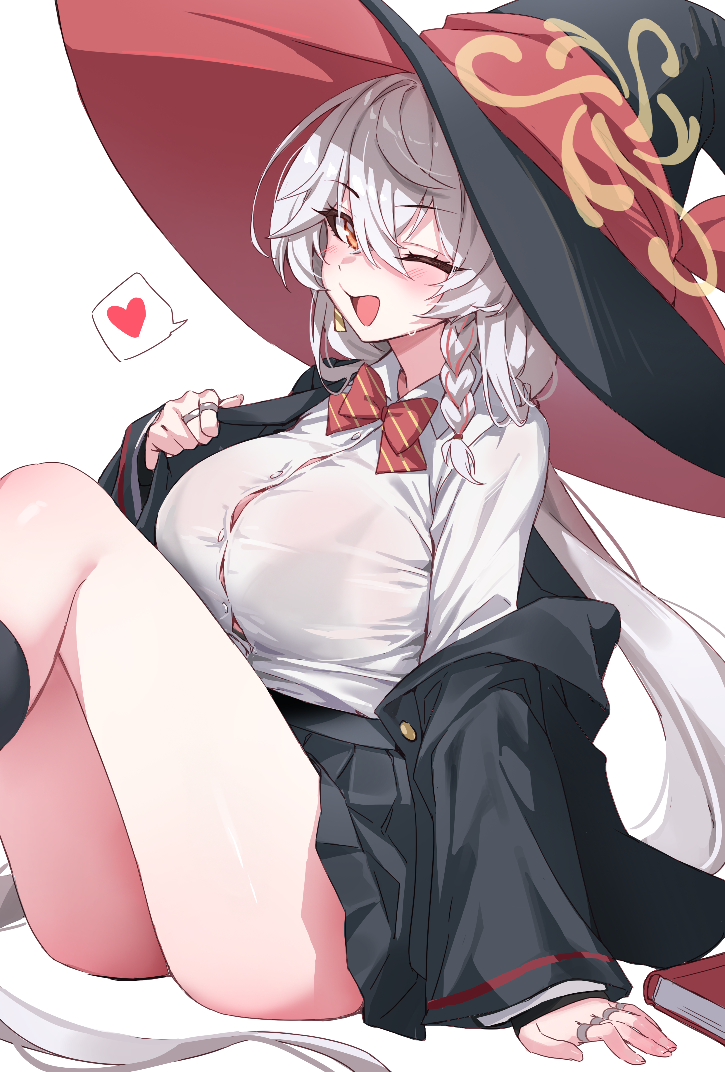 picter, eri (blue archive), blue archive, absurdres, commentary, highres, 1girl, arm support, black hat, black skirt, blush, bow, bowtie, bra visible through clothes, breasts, button gap, hair between eyes, hat, heart, large breasts, long hair, looking at viewer, one eye closed, open mouth, pleated skirt, red bow, red bowtie, see-through clothes, shirt, simple background, sitting, skirt, smile, solo, spoken heart, thighs, white background, white shirt, witch hat