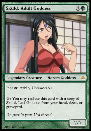 skuld, 4chan, aa megami-sama, magic: the gathering, lowres, card, facial mark, forehead mark