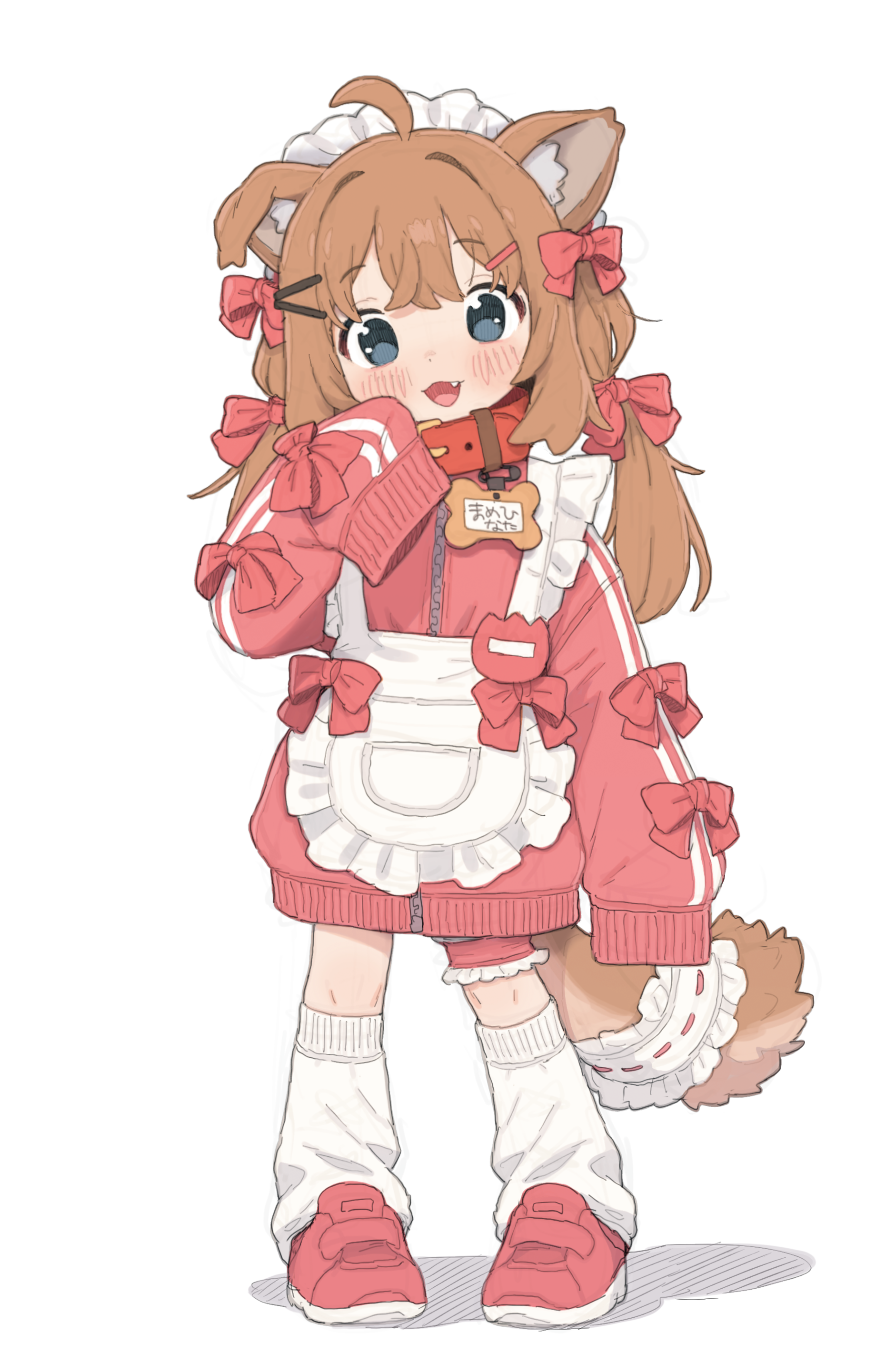 possummachine, mamehinata, vrchat, absurdres, commentary, highres, paid reward available, 1girl, animal ears, apron, bow, brown hair, collar, dog ears, dog girl, dog tail, fang, frills, full body, hair bow, hair ornament, jacket, looking at viewer, loose socks, maid, maid headdress, name tag, open mouth, shoes, sleeves past fingers, sleeves past wrists, socks, solo, tail, unconventional maid, white apron, white background, white socks