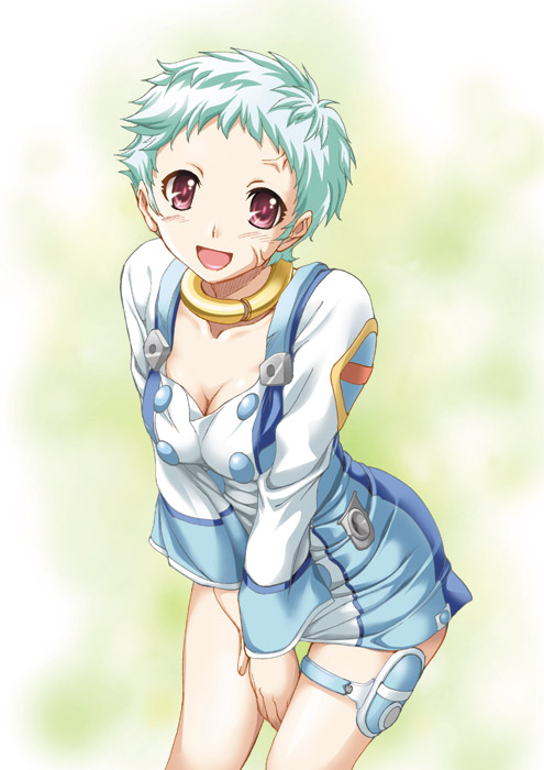 shiruko (inosin), eureka (eureka seven), eureka seven, eureka seven (series), 00s, 1girl, blush, breasts, buckle, cleavage, collar, dress, female focus, green hair, large breasts, leaning forward, looking at viewer, miniskirt, red eyes, short dress, short hair, skirt, smile, solo, thigh strap, v arms, veins