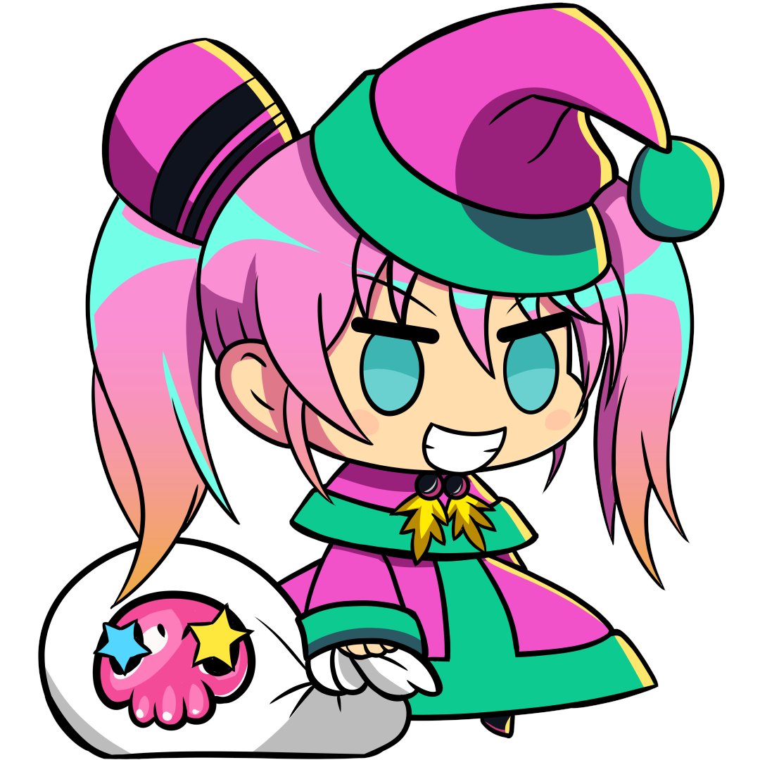 kouto matai, kirakira (dohna dohna), dohna dohna issho ni warui koto o shiyou, 1girl, blue eyes, capelet, chibi, chibi only, gradient hair, grin, hat, holding, holding sack, meme, multicolored hair, padoru (meme), pink hair, sack, santa hat, simple background, skull, smile, solid oval eyes, solo, twintails, white background