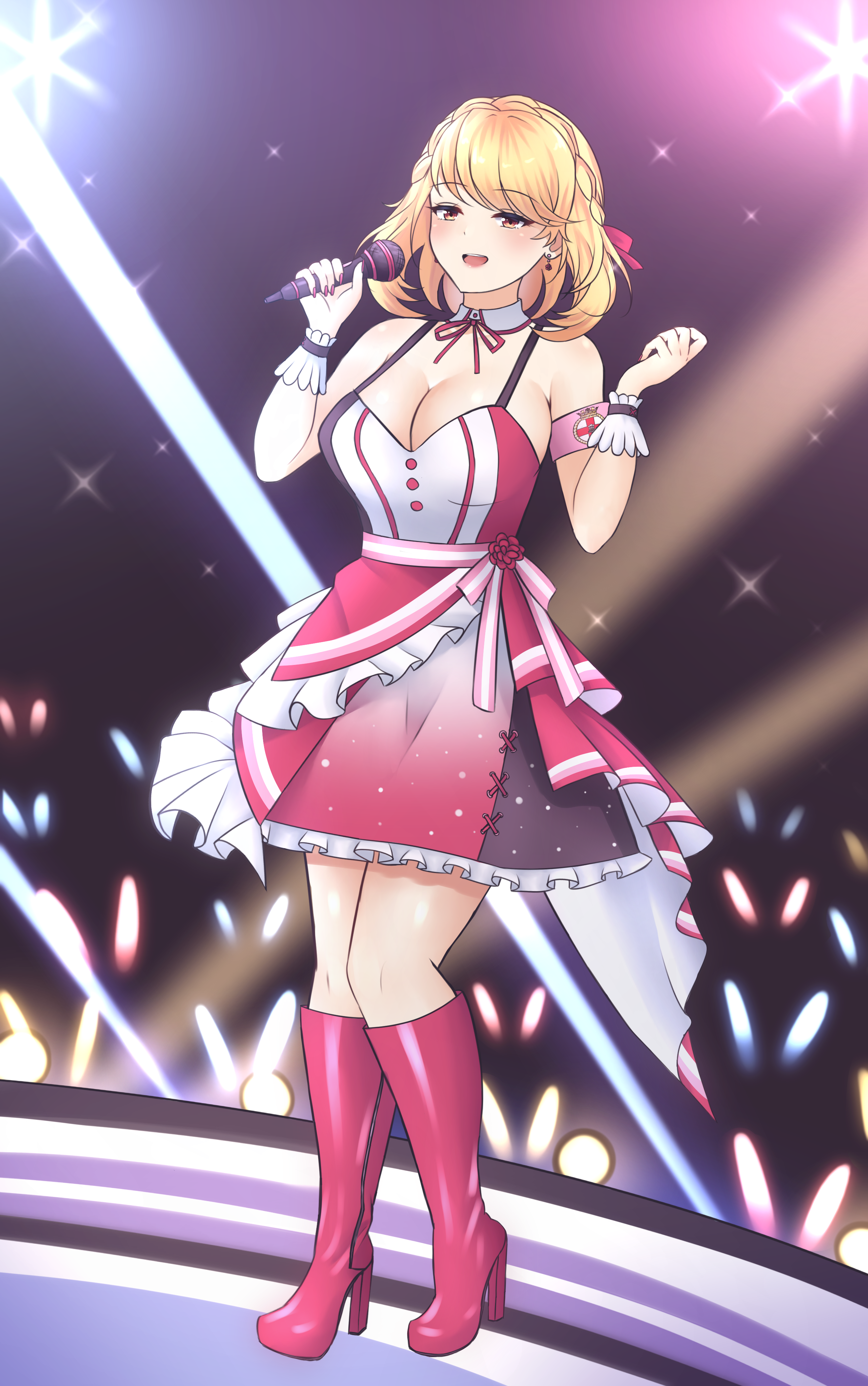 pumpkinpaii, azki (3rd costume) (hololive), azki (hololive), prince of wales (azur lane), azur lane, hololive, absurdres, highres, 1girl, :d, azki (hololive) (cosplay), bare arms, bare shoulders, blonde hair, boots, bow, breasts, brown eyes, buttons, cleavage, concert, cosplay, detached collar, dress, earrings, flower, frilled dress, frilled overskirt, frills, full body, gradient clothes, gradient dress, high heel boots, high heels, holding, holding microphone, idol, idol clothes, jewelry, knee boots, large breasts, microphone, multicolored dress, neck ribbon, open hand, open mouth, pink boots, pink dress, pink sash, pink skirt, ribbon, sash, short dress, short hair, skirt, sleeveless, sleeveless dress, smile, solo, thighs, waist bow, white dress, wrist cuffs