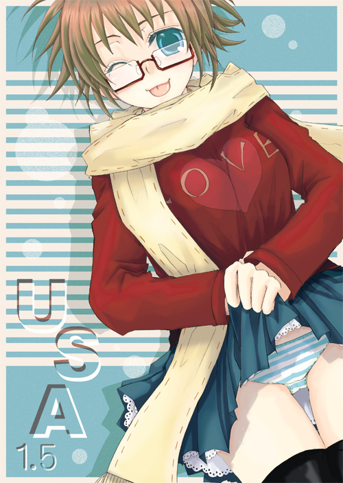sakurai unan, original, :p, ;p, black thighhighs, blue eyes, blue panties, brown hair, clothes lift, frills, glasses, lifting own clothes, long sleeves, lying, miniskirt, on back, one eye closed, panties, scarf, short hair, skirt, skirt lift, solo, striped clothes, striped panties, sweater, thigh gap, thighhighs, thighs, tongue, tongue out, underwear, wink
