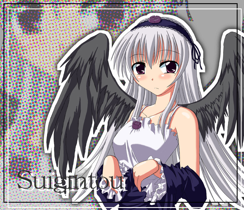 kinagi yuu, suigintou, rozen maiden, silver hair, 00s, 1girl, black wings, camisole, character name, collarbone, expressionless, female focus, flower, hairband, long hair, looking at viewer, off shoulder, rose, solo, undressing, very long hair, wings