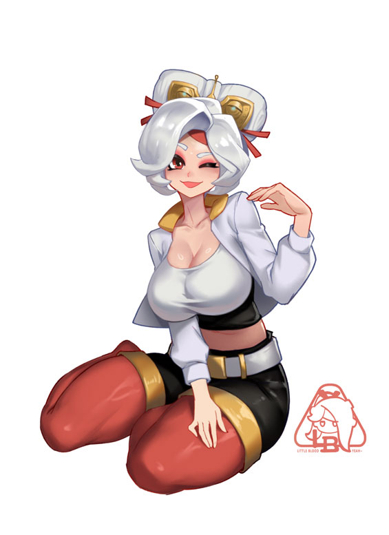 little blood, purah, the legend of zelda, the legend of zelda: tears of the kingdom, 1girl, breasts, large breasts, simple background, white background