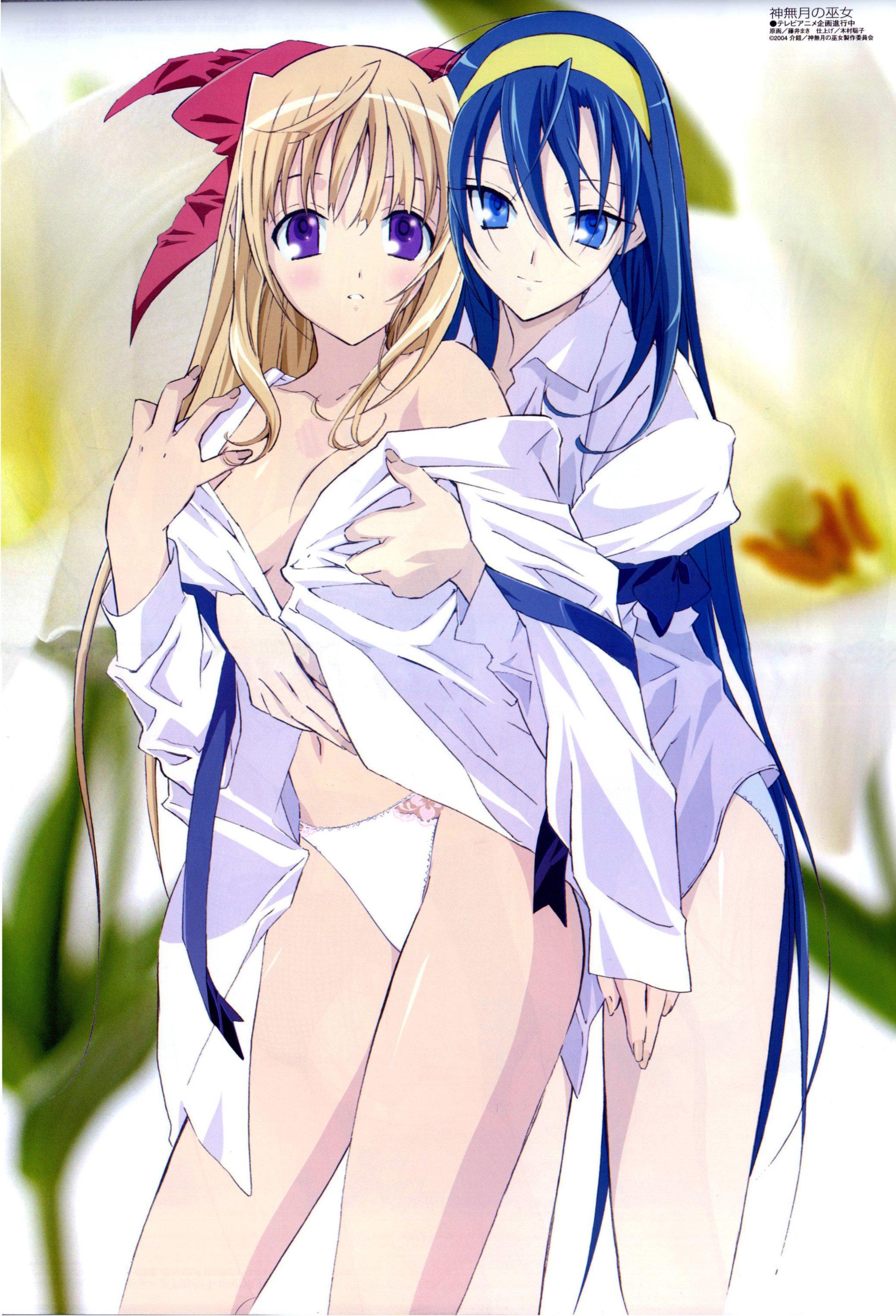 fujii maki, himemiya chikane, kurusugawa himeko, kannazuki no miko, light brown hair, absurdres, highres, official art, official wallpaper, scan, scan artifacts, 00s, 2girls, bare legs, bare shoulders, blue eyes, blue hair, blush, bow, breasts, couple, female focus, floral background, grabbing another's breast, grabbing from behind, groping, hair between eyes, hair ribbon, hairband, japanese clothes, legs, long hair, long sleeves, looking at viewer, medium breasts, miko, multiple girls, open clothes, open shirt, panties, parted lips, purple eyes, red bow, red ribbon, ribbon, school uniform, shirt, smile, standing, thighhighs, underwear, undressing, very long hair, white panties, yellow hairband, yuri