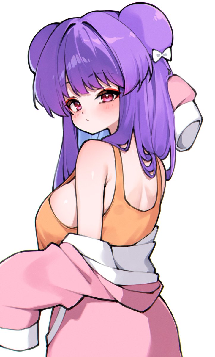 shampoo (ranma 1/2), ranma 1/2, 1girl, double bun, eyeshadow, hair bun, long hair, maid headdress, makeup, purple hair, red eyes