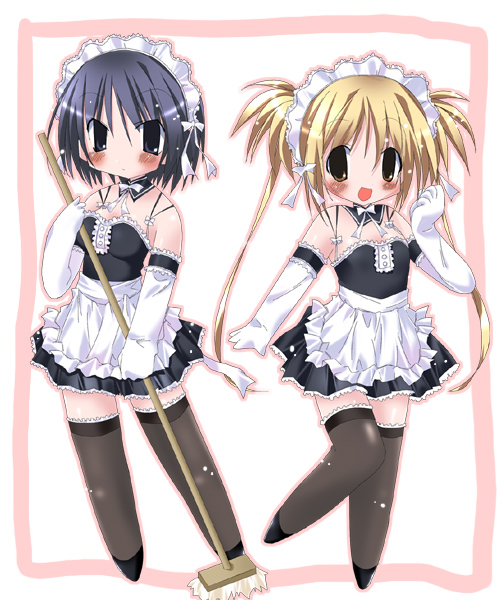 paco, sawatari izumi, sawatari mitsuki, kore ga watashi no goshujin-sama, black footwear, 00s, 2girls, :d, apron, arm garter, bare shoulders, blonde hair, blush, broom, chibi, chibi only, detached collar, facing viewer, full body, gloves, long hair, looking at viewer, maid, maid headdress, multiple girls, nakabayashi yoshitaka's maid uniform, open mouth, purple hair, short hair, siblings, simple background, sisters, smile, standing, thighhighs, twintails, waist apron, white background, white gloves, zettai ryouiki