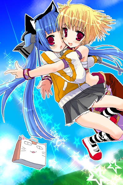 roro, kooh (pangya), lola, lola (pangya), papel (pangya), pangya, 2girls, animal ears, blonde hair, blue hair, blush, cat ears, day, long hair, multiple girls, red eyes, short hair, skirt, sky, twintails