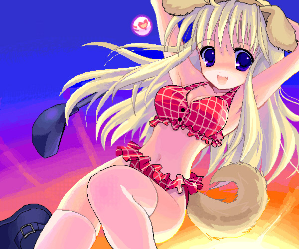 arin (pangya), pangya, 1girl, animal ears, bikini, blonde hair, blue eyes, dog ears, female focus, oekaki, solo, swimsuit, tail, tankini, thighhighs