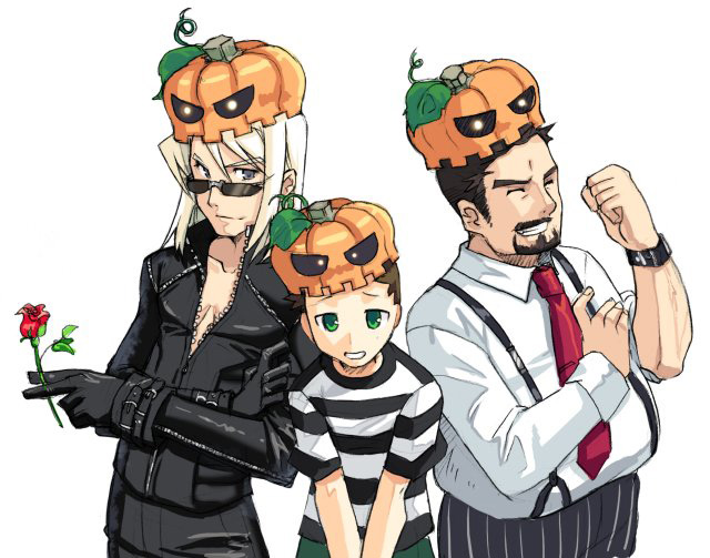 lee byung hee, seedark, azer (pangya), max, max (pangya), nuri (pangya), pangya, official art, 3boys, age difference, blonde hair, child, facial hair, flower, glasses, goatee, halloween, jack-o'-lantern, male focus, multiple boys, mustache, necktie, pumpkin, pumpkin hat, rose, sunglasses, suspenders, uncle bob, watch, zipper