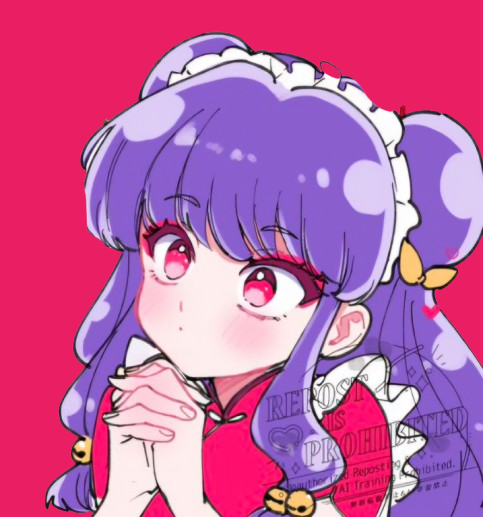 shampoo (ranma 1/2), ranma 1/2, 1girl, chinese clothes, double bun, eyeshadow, hair bun, long hair, maid headdress, makeup, purple hair, red eyes