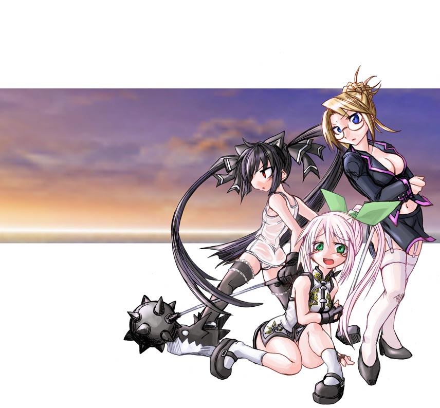 hana, kobayashi tetsuya, cecilia, cecilia (pangya), hana (pangya), kooh (pangya), pangya, 3girls, black thighhighs, chemise, china dress, chinese clothes, dress, flail, glasses, hair ribbon, mace, morning star, multiple girls, one-piece swimsuit, panties, ribbon, school swimsuit, see-through clothes, shoes, socks, spiked mace, spikes, swimsuit, tears, thighhighs, underwear, weapon, white one-piece swimsuit, white school swimsuit, white thighhighs