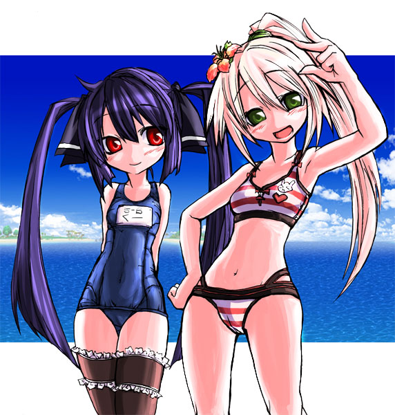 hana, kobayashi tetsuya, hana (pangya), kooh (pangya), pangya, 2girls, beach, bikini, day, multiple girls, name tag, one-piece swimsuit, school swimsuit, swimsuit, thighhighs