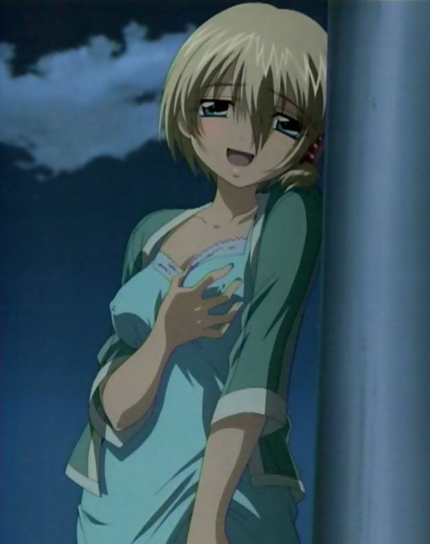 kazusano kazuki, amaenaideyo!!, anime screenshot, jpeg artifacts, stitched, third-party edit, 00s, 1girl, against wall, blonde hair, blue eyes, breasts, cloud, covered erect nipples, dress, female focus, grabbing another's breast, grabbing own breast, groping, hair bobbles, hair ornament, naughty face, night, night sky, open clothes, open shirt, outdoors, shirt, short hair, sky, solo, standing