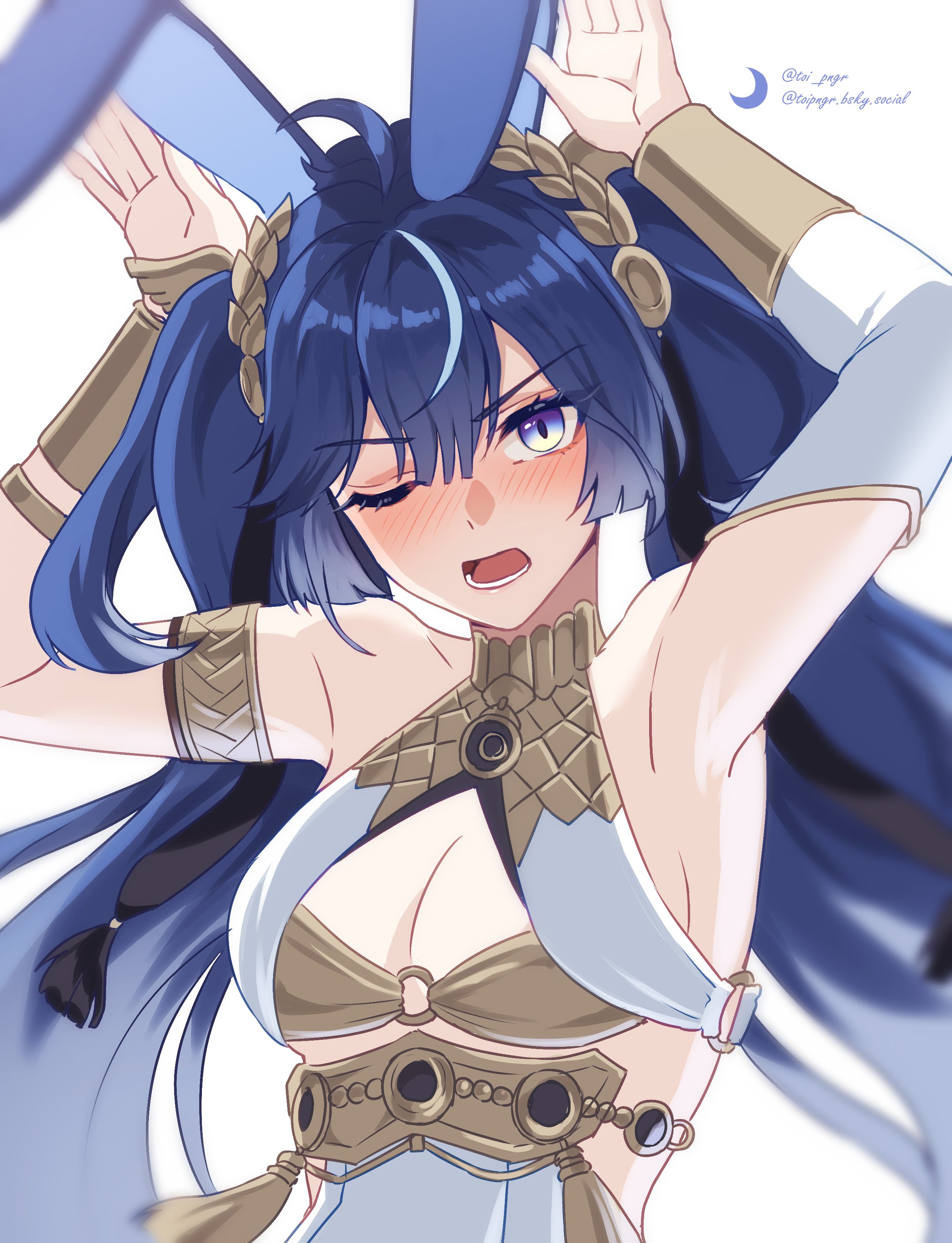 toi pngr, iuno (wuthering waves), wuthering waves, absurdres, commentary request, highres, 1girl, ahoge, animal ears, armlet, arms up, bare shoulders, blue eyes, blue hair, blush, breasts, cleavage, fake animal ears, gold bra, hair belt, head wreath, jewelry, looking at viewer, medium breasts, multicolored hair, nose blush, one eye closed, open mouth, rabbit ears, rabbit pose, solo, streaked hair, twintails, twitter username, upper body