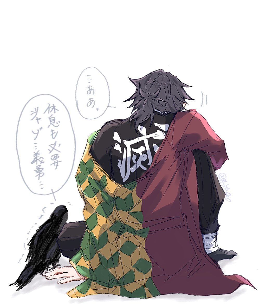 kanzaburou (kimetsu no yaiba), tomioka giyuu, kimetsu no yaiba, translation request, 1boy, back, bird, black hair, black jacket, crow, demon slayer uniform, g yu0o0, haori, jacket, japanese clothes, long hair, low ponytail, male focus, ponytail, red haori, simple background, sitting, solo, speech bubble, white background