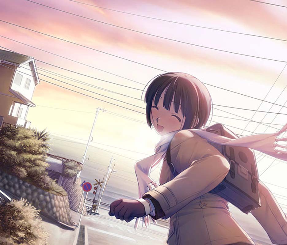hashimoto takashi, ichinose mio, f&c, white breath, jpeg artifacts, 1girl, :d, backpack, bag, closed eyes, dutch angle, female focus, gloves, happy, house, in-universe location, open mouth, power lines, railroad crossing, randoseru, real world location, road, road sign, scarf, short hair, sign, smile, solo, utility pole