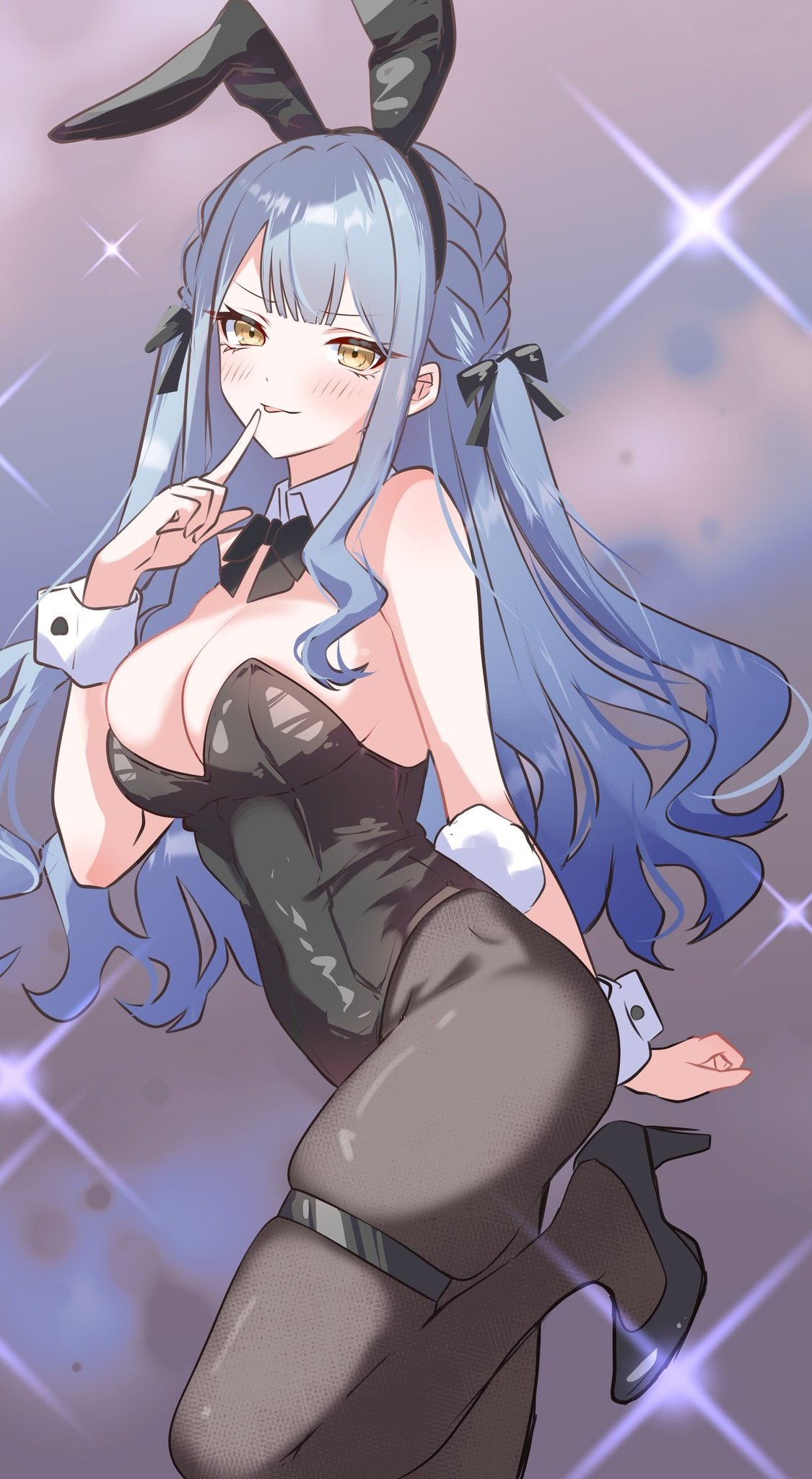 houji tea latte, togawa sakiko, bang dream!, bang dream! it's mygo!!!!!, commentary request, highres, 1girl, :p, animal ears, arm behind back, bare arms, bare shoulders, black bow, black bowtie, black leotard, black pantyhose, black shoes, blunt bangs, blush, bow, bowtie, braid, breasts, bunny day, closed mouth, cowboy shot, detached collar, fake animal ears, fake tail, finger to mouth, gradient background, grey background, grey hair, hair bow, hand up, high heels, large breasts, leg up, leotard, light smile, long hair, looking at viewer, pantyhose, playboy bunny, rabbit ears, rabbit tail, shoes, sidelocks, solo, sparkle, standing, standing on one leg, strapless, strapless leotard, tail, thigh strap, tongue, tongue out, twin braids, two side up, v-shaped eyebrows, wavy hair, wrist cuffs, yellow eyes