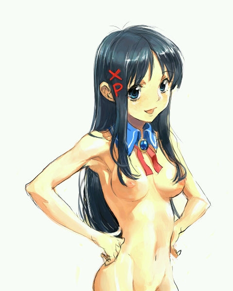 xp-tan, os-tan, 1girl, blue eyes, blue hair, breasts, detached collar, female focus, groin, hand on own hip, long hair, matching hair/eyes, navel, nipples, nude, out-of-frame censoring, simple background, solo, white background