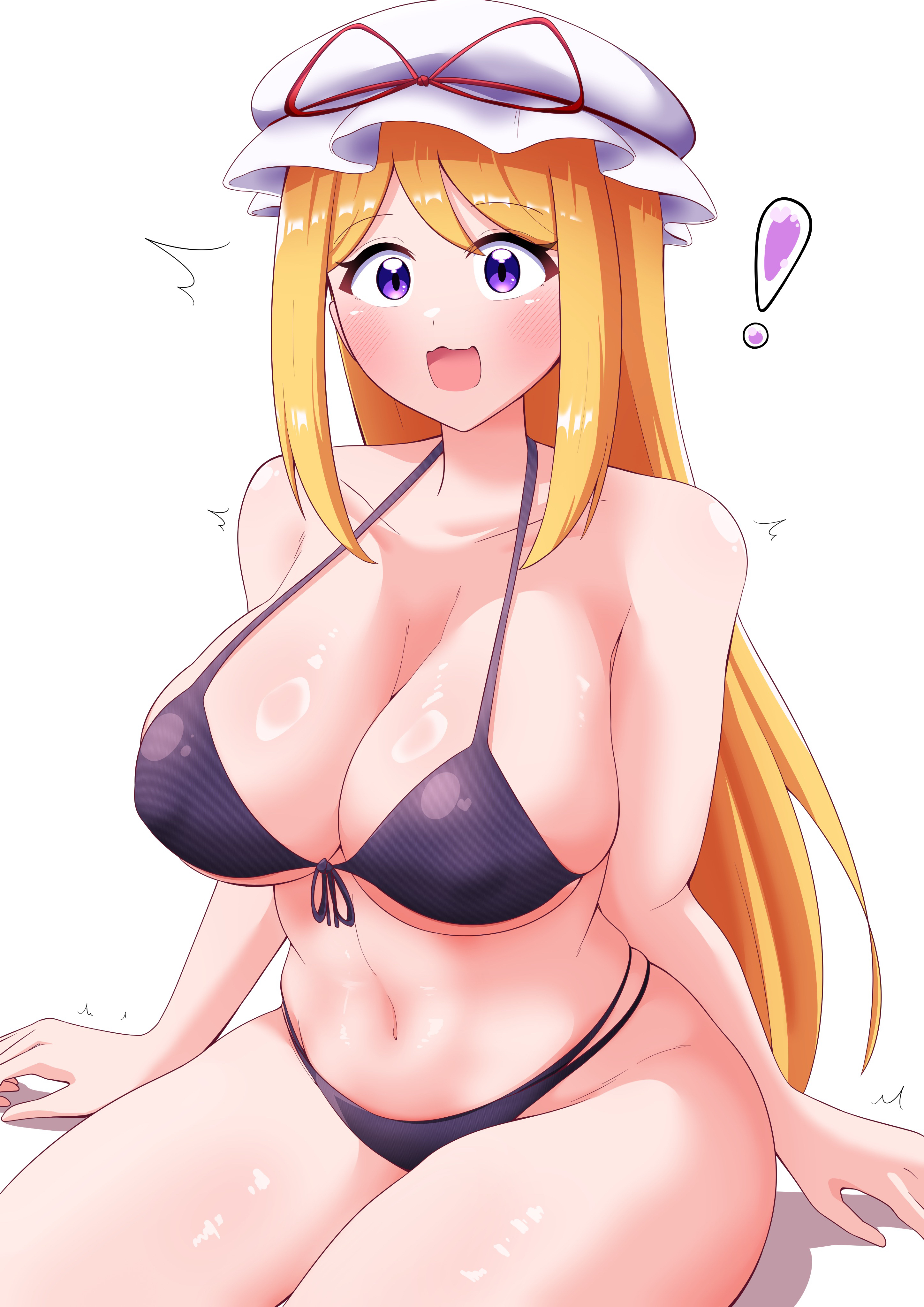 y75zei, yakumo yukari, touhou, absurdres, highres, !, 1girl, bikini, blonde hair, blush, breasts, collarbone, curvy, hat, large breasts, long hair, long sidelocks, mob cap, navel, open mouth, plump, purple bikini, purple hair, sidelocks, sitting, solo, swimsuit, thick thighs, thighs, wavy mouth, white background