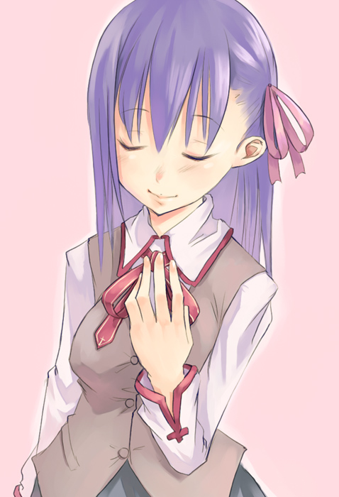 mikage sekizai, matou sakura, fate/stay night, fate (series), 00s, 1girl, bad anatomy, breasts, closed eyes, female focus, hand on own chest, homurabara academy school uniform, long hair, long sleeves, medium breasts, neck ribbon, one side up, poorly drawn, purple hair, ribbon, school uniform, shirt, smile, solo, standing, vest