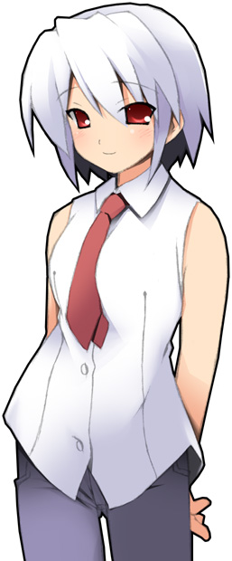 mizoguchi keiji, kotonomiya yuki, suigetsu, 1girl, arms behind back, blush, casual, collared shirt, dress shirt, female focus, necktie, pants, red eyes, red necktie, shirt, short hair, simple background, sleeveless, sleeveless shirt, smile, solo, standing, white background, white shirt
