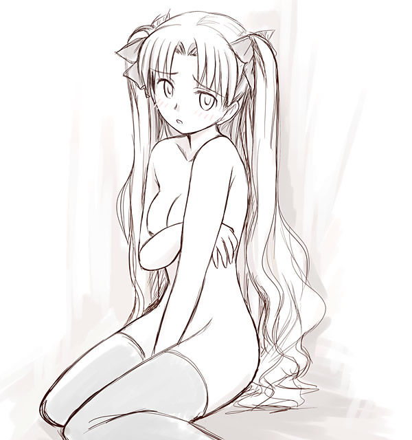 ryp, tohsaka rin, fate/stay night, fate (series), breast hold, 00s, 1girl, breasts, female focus, long hair, long legs, monochrome, solo, thighhighs, twintails, two side up, very long hair