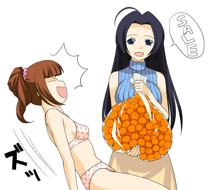 a1 (initial-g), miura azusa, takatsuki yayoi, idolmaster, idolmaster (classic), idolmaster 1, 00s, 2girls, arm support, bare shoulders, blue eyes, blue hair, bra, brown hair, english text, food, fruit, holding, holding food, holding fruit, lace, lace-trimmed panties, lace trim, lingerie, long hair, mandarin orange, multiple girls, panties, pink panties, polka dot, polka dot panties, ponytail, sitting, skirt, sleeveless, sleeveless turtleneck, smile, standing, tangerines, turtleneck, twintails, underwear, underwear only