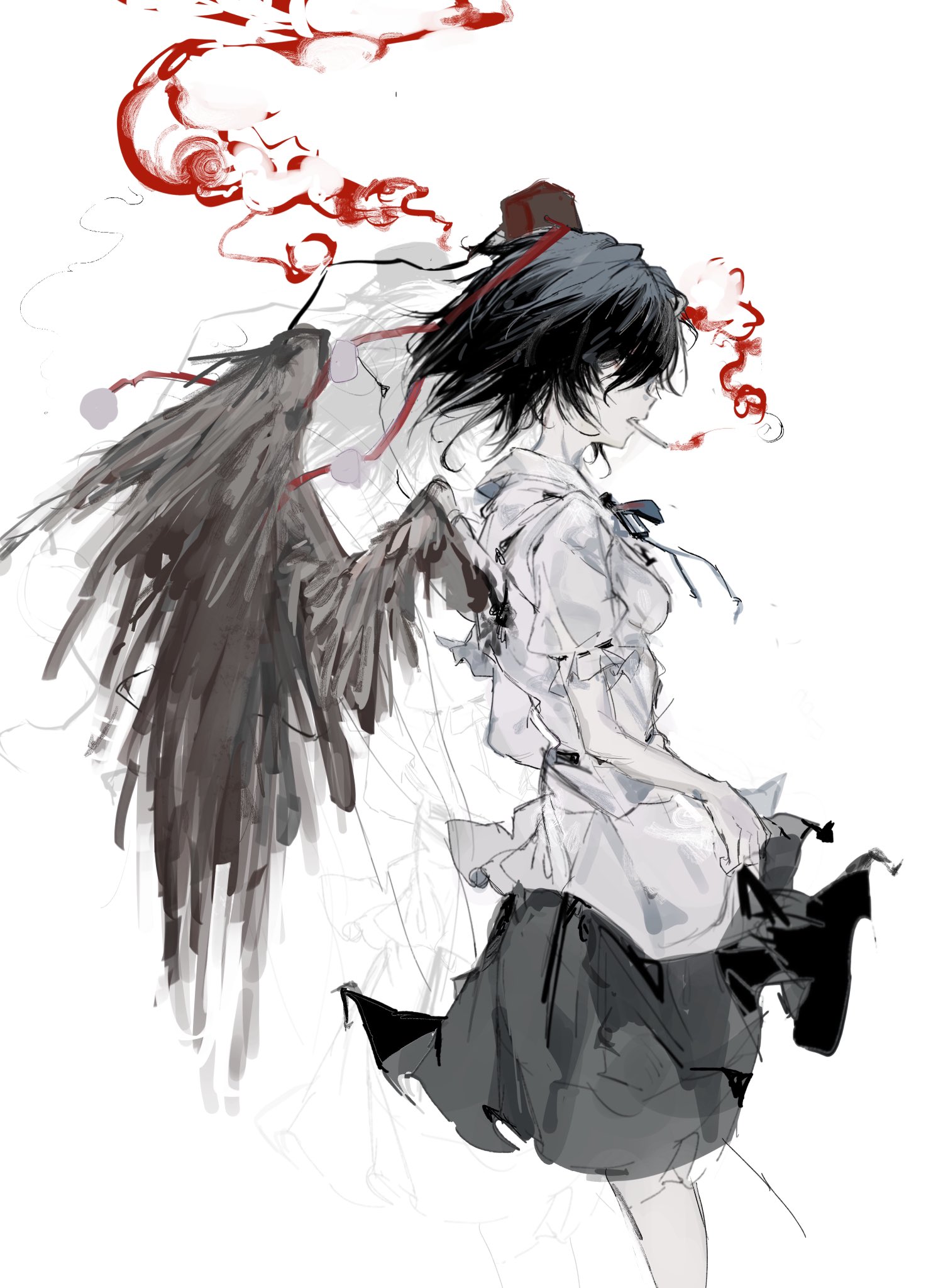 sesmkun, shameimaru aya, touhou, highres, 1girl, black hair, black skirt, black wings, cigarette, from side, hair over eyes, hat, shirt, short hair, short sleeves, skirt, smoke, smoke trail, solo, tokin hat, white background, white shirt, wings