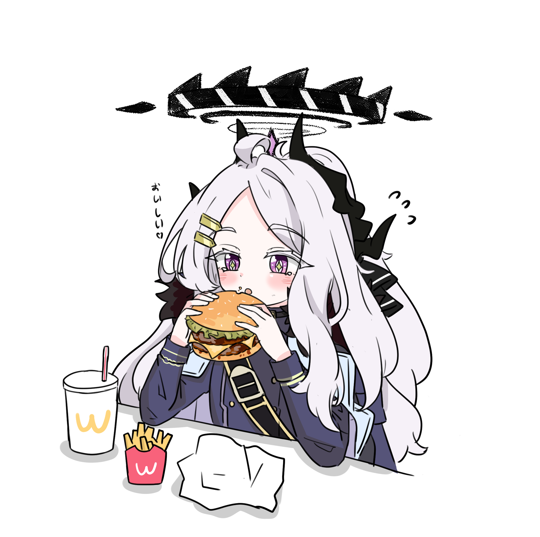 e v e neko, hina (blue archive), blue archive, wcdonald's, commentary request, highres, 1girl, ahoge, brand name imitation, burger, cup, eating, food, french fries, halo, holding, holding burger, holding food, horns, long hair, purple eyes, solo, white background