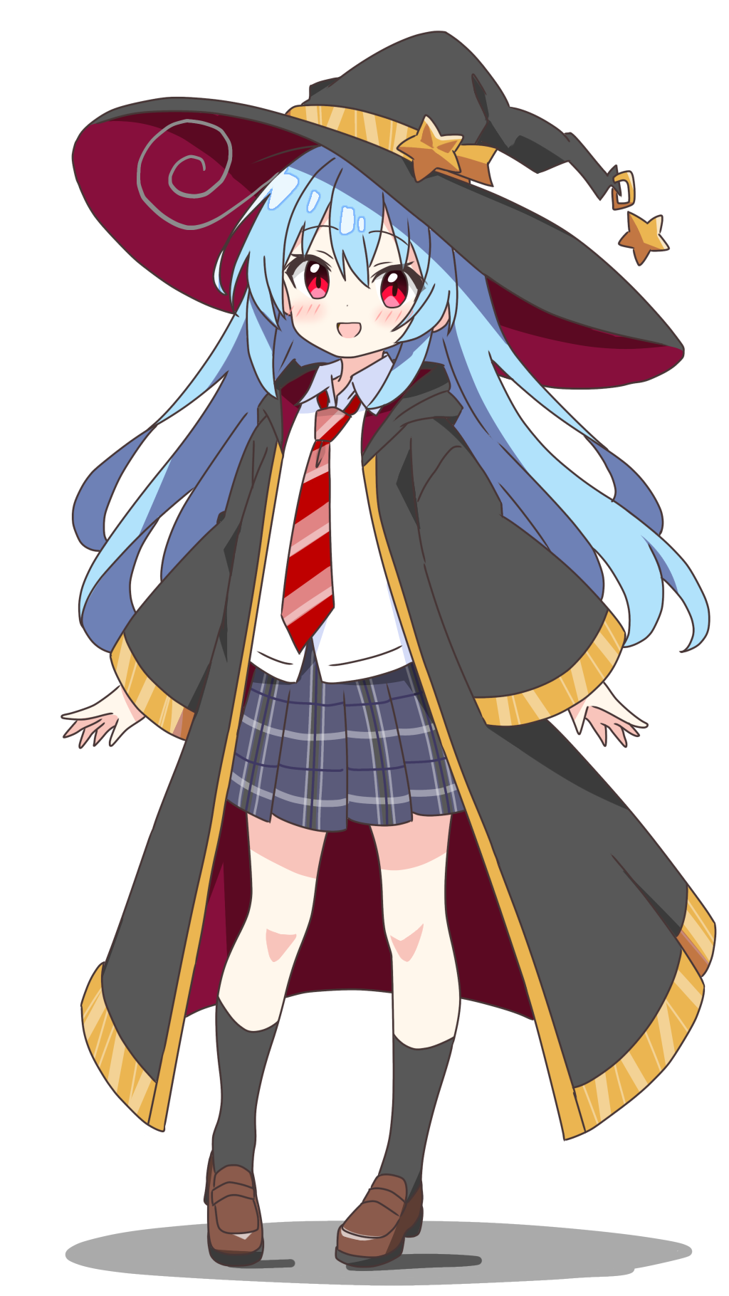 kotatsu-mazoku, original, commentary request, highres, 1girl, :d, black coat, black hat, black socks, blue hair, blue skirt, blush, brown shoes, coat, collared shirt, dot nose, full body, hat, hood, hood down, hooded coat, loafers, long hair, long sleeves, looking at viewer, necktie, open clothes, open coat, open mouth, plaid clothes, plaid skirt, pleated skirt, red eyes, red necktie, school uniform, shirt, shoes, simple background, skirt, smile, socks, solo, standing, striped necktie, white background, white shirt, wide sleeves, witch hat