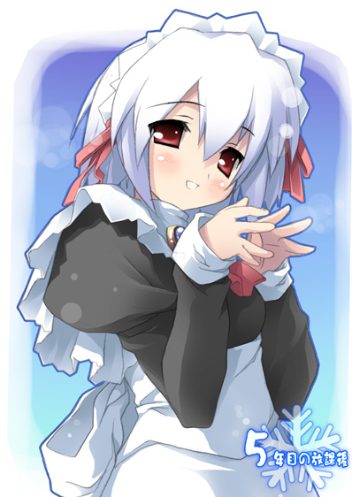 kantoku, kotonomiya yuki, suigetsu, 1girl, apron, black dress, blue gemstone, blush, dress, female focus, gem, jewelry, long sleeves, maid, maid apron, maid headdress, parted lips, red eyes, snowflakes, solo