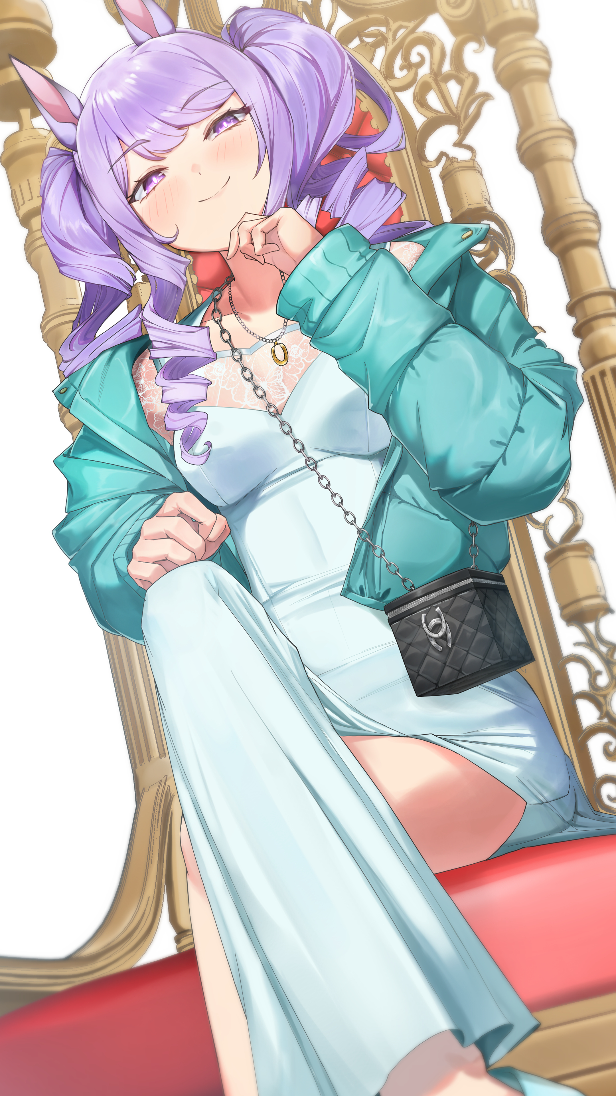 amepa (ame pinecandy), mejiro mcqueen (umamusume), umamusume, absurdres, highres, 1girl, alternate costume, animal ears, aqua jacket, blush, chain, closed mouth, clothing cutout, crossed legs, down jacket, dress, hip vent, horse ears, horse girl, horse tail, jacket, long hair, looking at viewer, open clothes, open jacket, purple eyes, purple hair, side slit, simple background, sitting, sitting on throne, smile, smug, solo, tail, thighs, white background, white dress