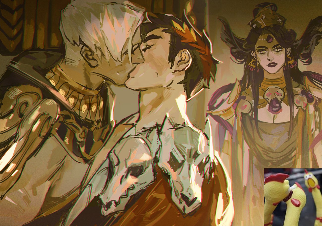 puppy 1ove, nyx (hades), thanatos (hades), zagreus (hades), hades (series), 1girl, 2boys, black hair, breasts, cleavage, earrings, inset, jewelry, kiss, laurel crown, long hair, meme inset, multiple boys, skull, surprised, white hair, yaoi
