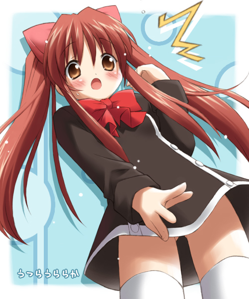 eretto, aloe, aloe (quiz magic academy), quiz magic academy, 1girl, :o, ^^^, black dress, blush, bow, bowtie, brown eyes, brown hair, dress, female focus, from below, loli, long hair, long sleeves, red bow, red bowtie, simple background, solo, sweat, thighhighs, twintails, very long hair, white thighhighs