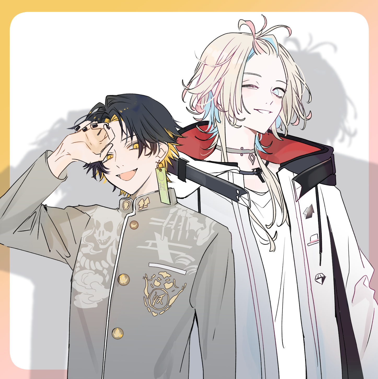 yuz46, utsugi uyu, utsugi uyu (after-school), yatogami fuma, yatogami fuma (after-school), holostars, highres, 2boys, :d, ;), bags under eyes, bangs pinned back, black hair, black nails, blonde hair, blue eyes, blue hair, border, choker, crew neck, curtained hair, earrings, fangs, gakuran, gradient border, grey choker, grey jacket, hand to head, hood, hooded jacket, jacket, jewelry, long sleeves, looking at viewer, male focus, medium hair, multicolored hair, multiple boys, nail polish, official alternate costume, one eye closed, open clothes, open jacket, open mouth, outside border, parted bangs, parted lips, pendant choker, pink border, pink hair, school uniform, shadow, shirt, short hair, simple background, single earring, skeleton print, smile, streaked hair, two-tone hair, upper body, virtual youtuber, white background, white hair, white jacket, white shirt, yellow border, yellow eyes